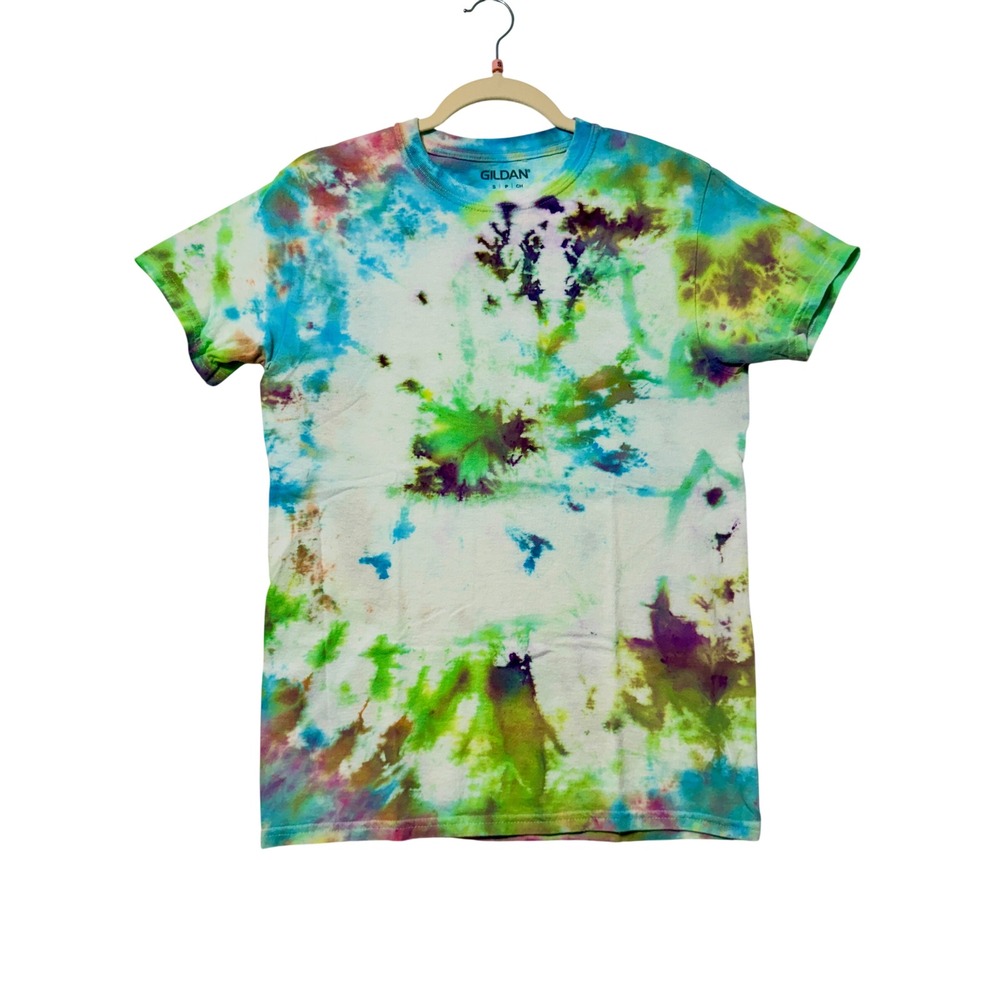 Gildan Tie Dye T Shirt Small Blue Green Purple Cotton Short Sleeve Crewneck